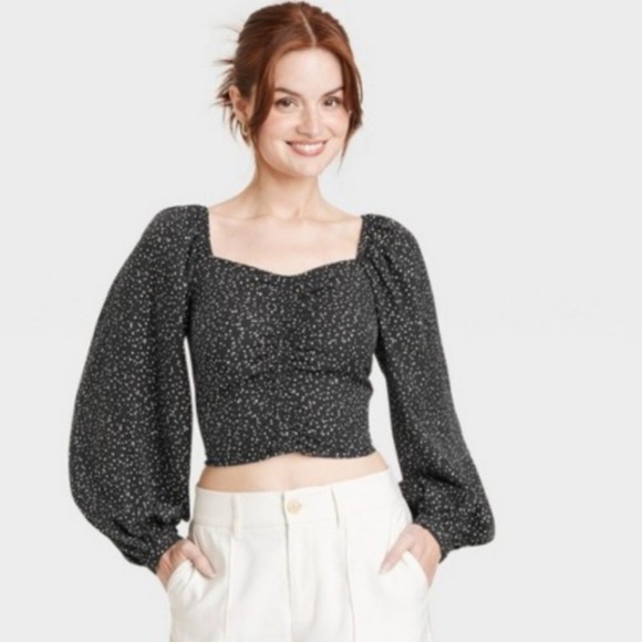 A New Day Black Long Balloon Sleeve Ruched Front Smocked Back Top - Picture 2 of 15